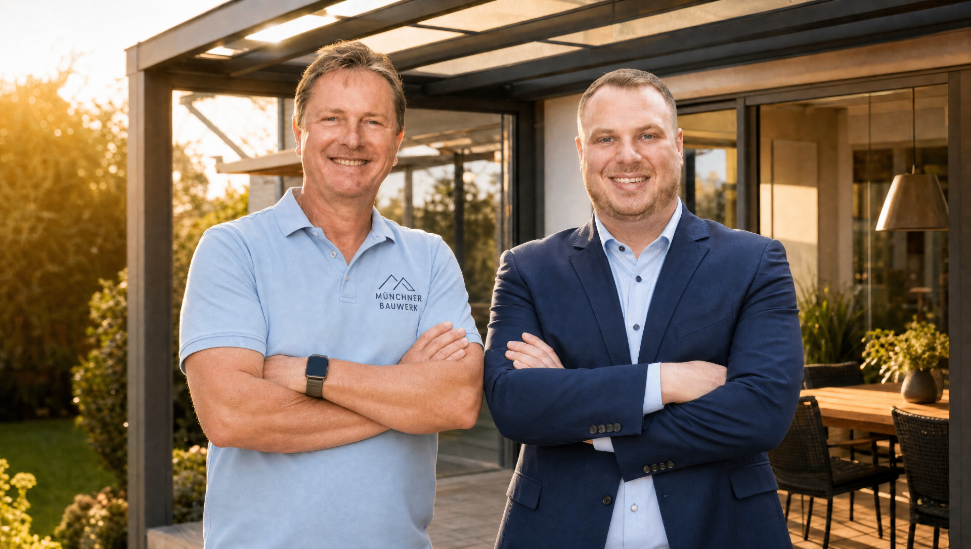 Das Team von Münchner Bauwerk vor einer Terrassenüberdachung