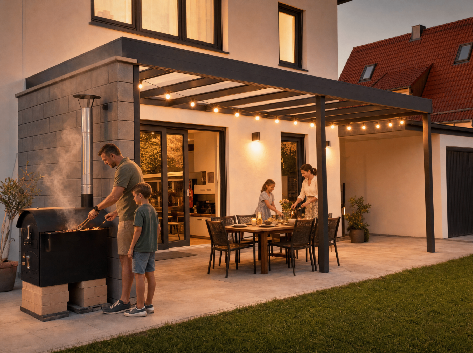 Familie unter Terrassenüberdachung